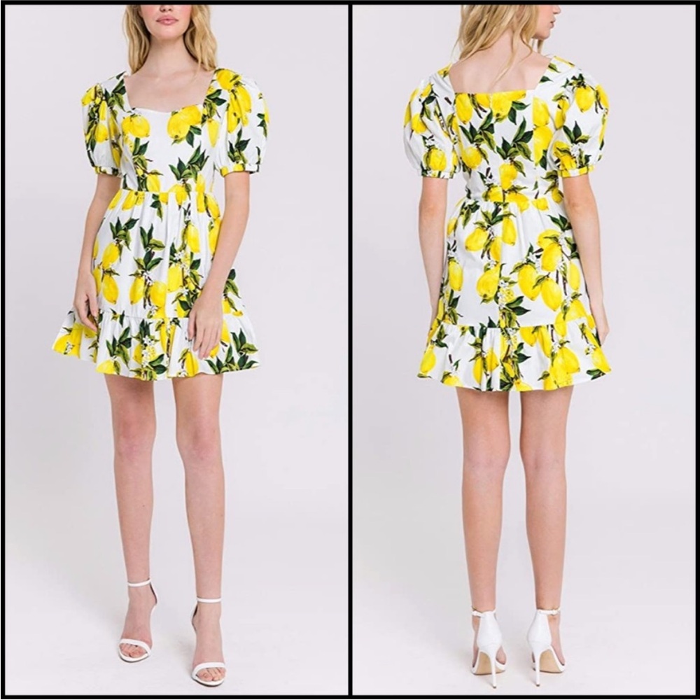 A- English Factory Tuckernuck Lemon Puff Sleeve Ruffle Dress size small - Picture 2 of 6